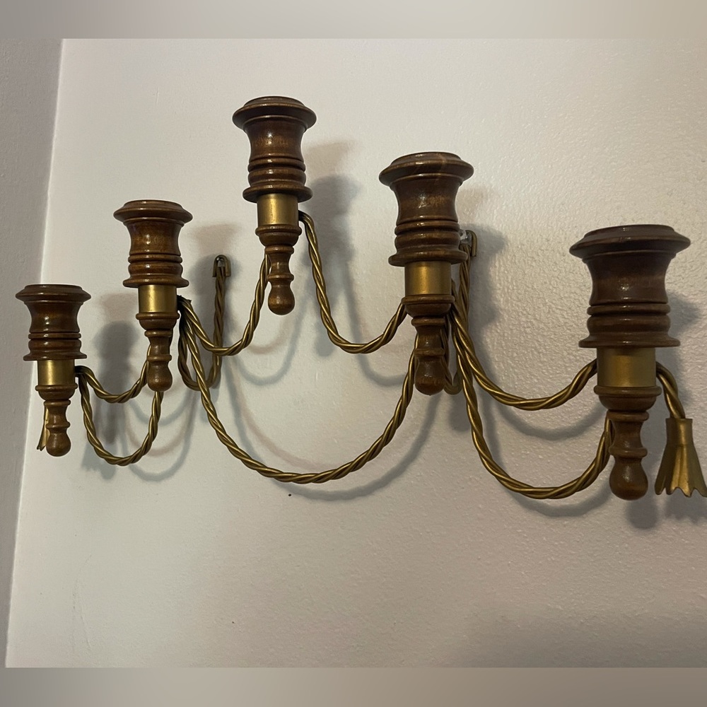 Brass and Wooden Candle Holder Wall Decor